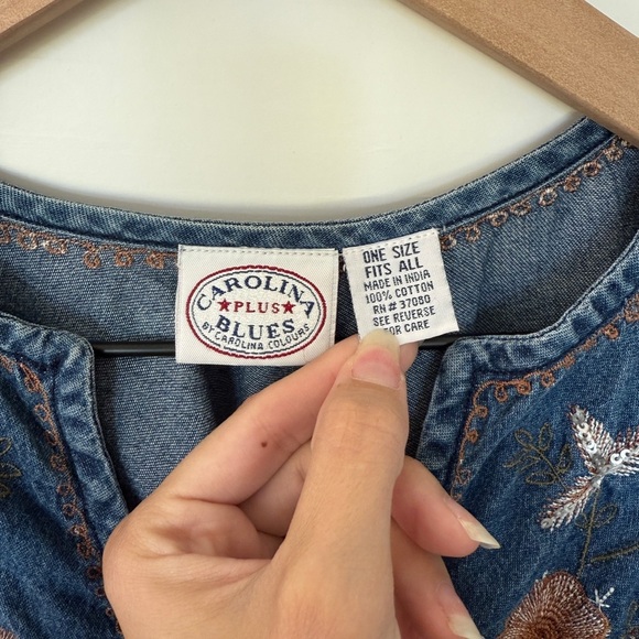 Embroidered Denim Poncho with Fringe - Picture 2 of 4